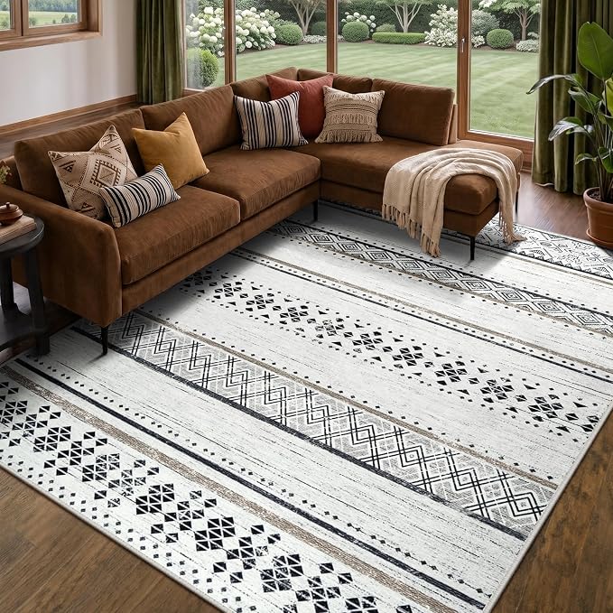 8x10 Washable Area Rugs for Living Room Boho Bedroom Rug Black/Brown | Vacuum Friendly, Machine Washable, Non-Slip Rug, Stain Resistant, Moroccan Geometric, Low Pile Carpet, Dining Room Kitchen