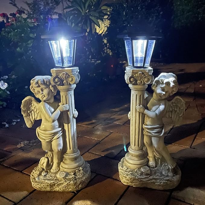 Angel Statue with Solar Lights (Left) 19.7 Inch, Outdoor Solar Angel Garden Statue with Roma Pillar for Garden Lawn Deocr, Christian Religious Gift