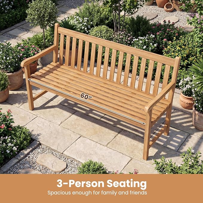 Tangkula 62" Teak Wood Outdoor Bench, 3-Seat Solid Wood Garden Patio Bench with Armrests and Backrest, Wooden Outside Porch Bench Seating Furniture for Backyard, Balcony and Park (62")