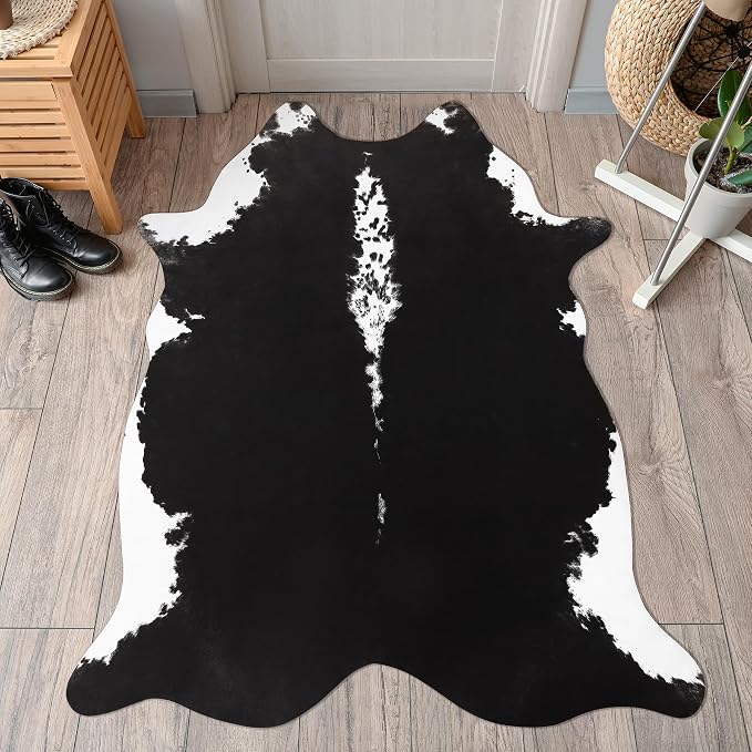 BENRON Small Faux Cowhide Rug, Cow Print Rug for Kitchen Hallyway 2.3x3.6ft | Western cow hide rug for Home Decor, Washable Rugs with Irregular Animal Skins and Hides, Non Slip, Black