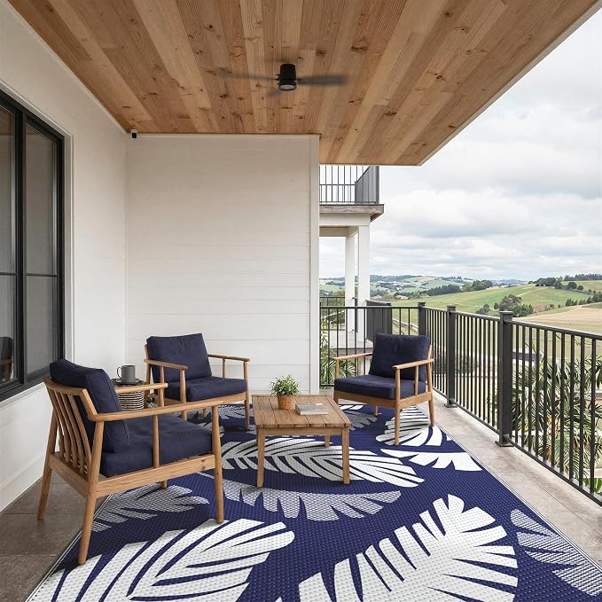 GENIMO Waterproof Outdoor Rug 6' x 9' for Patio Decor, Reversible Plastic Straw Area Rugs for Camping Clearance, RV Mat, Large Outside Carpet for Porch, Deck, Picni, Balcony, Garden, Navy Blue & White