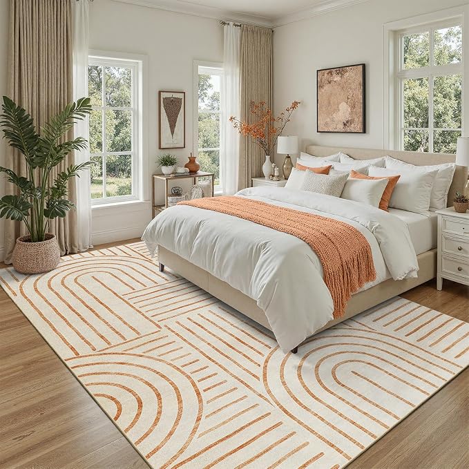DCX Abstract Washable 9x12 Rug, Non Slip Low Pile Rug, Beige | Rugs for living room, bedroom, dining room, office, soft, mid century modern rug, sain resistant indoor carpet, home decor