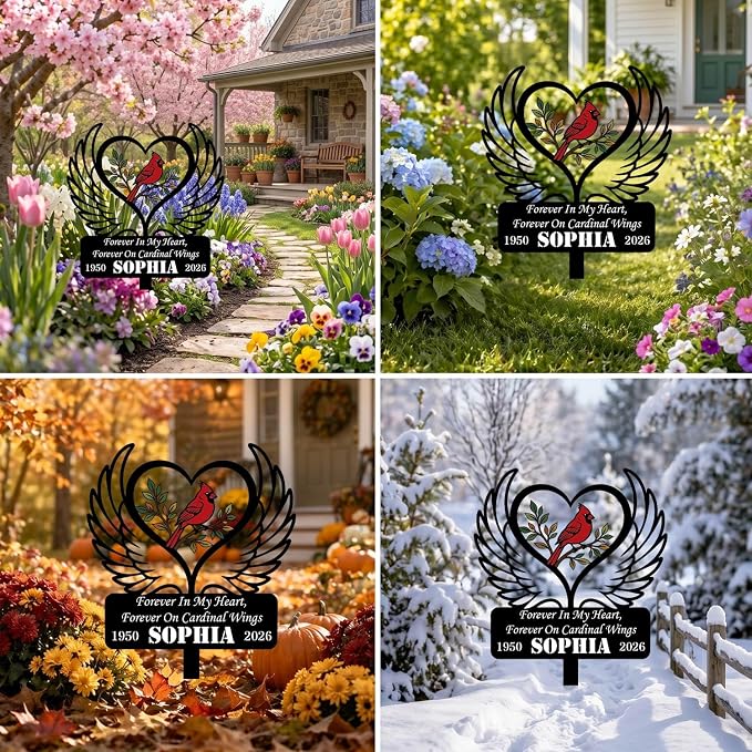 Personalized Cardinal Garden Sign with Stakes, Custom Name Sign, Yard Decor Outdoor, Memorial Gift for Mom, Garden Plaque Sympathy Gifts, loss loved Ones Cardinal Sign with Angel Wings
