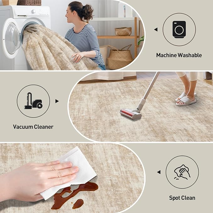 4x6 Area Rugs for Living Room: Washable Abstract Beige Badroom Carpet | Non-slip TPE backing makes this washable soft low-pile rug safe & durable, Pet-friendly decor for dining room,nursery,office
