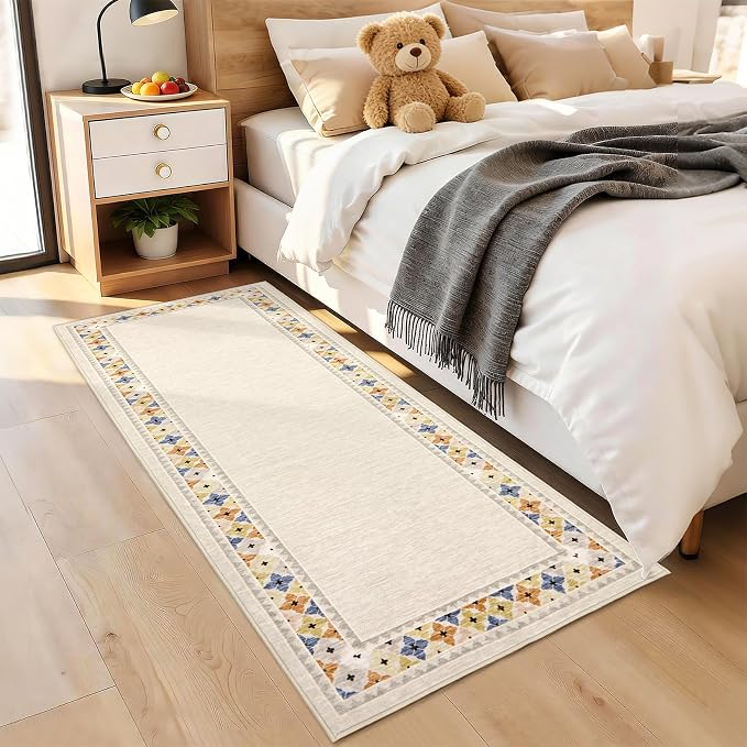 Garvee 2x6 Tribal Border Kitchen Rugs Washable Rugs for Hallway, Beige | Floral Border Area Rug Stain Resistant Easy Cleaning Throw Rugs Low Pile Floor Cover for Bedroom Laundry