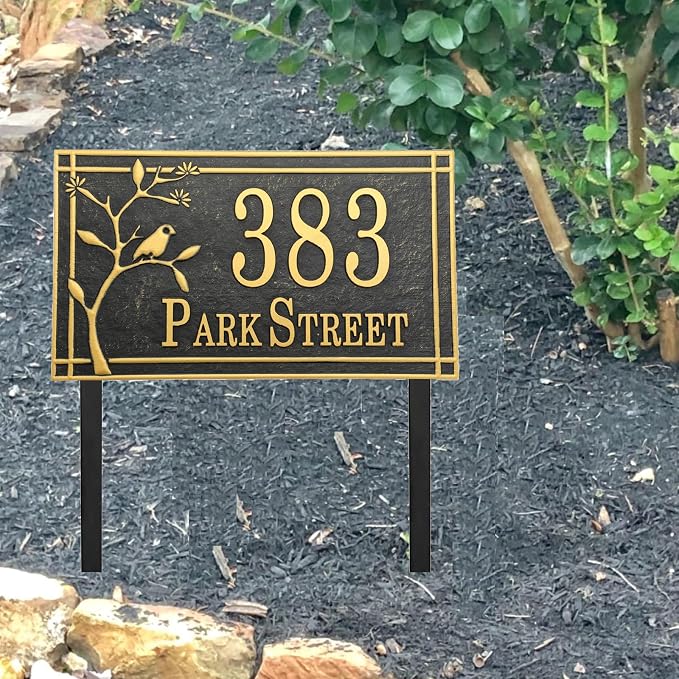 Address Sign Lawn Mounted Metal - Custom House Number Plaque Sign with 2 Metal Stakes,House Address Numbers for Outside House,Yard,Garden,Grass,Ground,Drive Way,Lawn,4 Colors, 13''x 7''