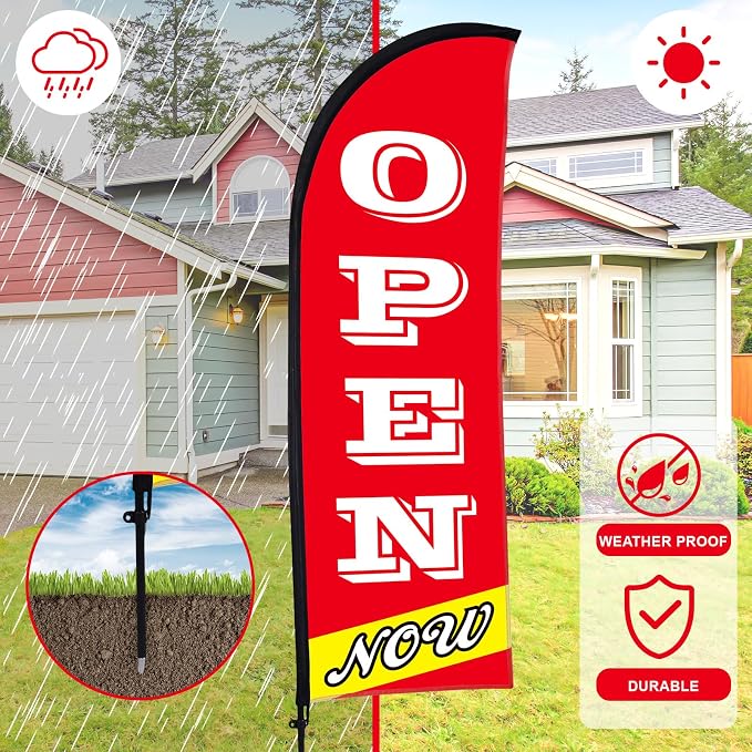 Buryeah 2 Sets Now Open Flag Banner for Business Advertising 7 ft Feather Flag Sign with Flagpole Ground Stake Portable Bag(Red)