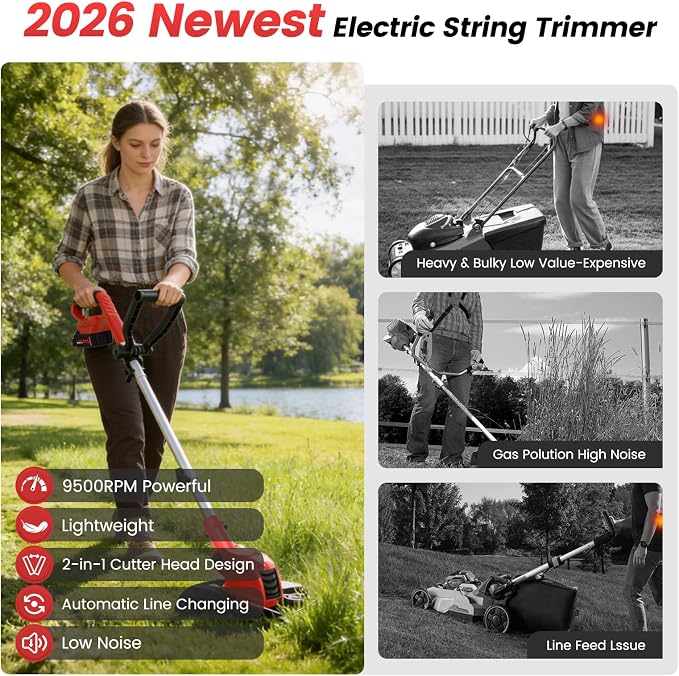 21V Weed Wacker Cordless String Trimmer with 2x4.0Ah Batteries & Fast Charger, 12" Automatic Feed Grass Trimmer, 2-in-1 Electric Weed Eater for Garden Edge Lawn Tool