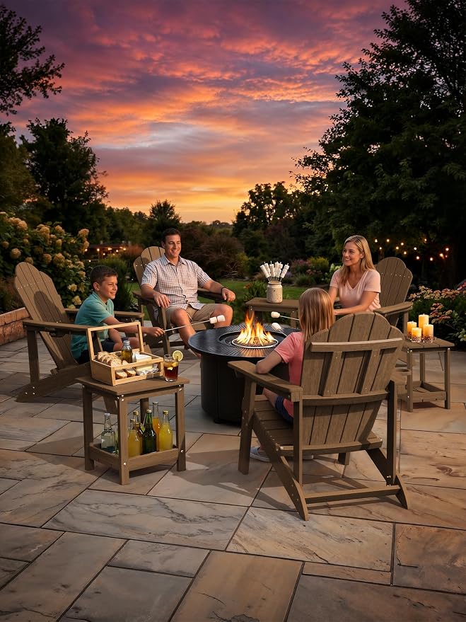 LUE BONA Outdoor Side Table, 2-Tier HDPE Small Outdoor End Table with Rail for Patio, Deck, Poolside, Low Maintenance & Weather Resistant, Walnut Brown