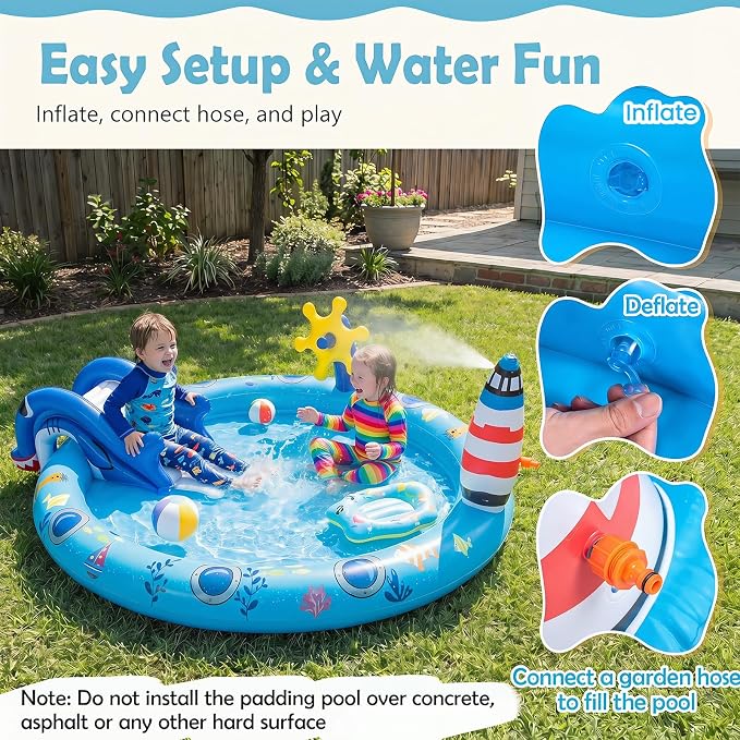 GLACER Kiddie Pool with Slide, 74”x 60.5”x 23” Thicken Water Play Center | Inflatable Swimming Pool with Sprinkler & Fishing Toys, Elevated Rails, PVC Outdoor Blow-Up Splash Pad for Backyard, Garden