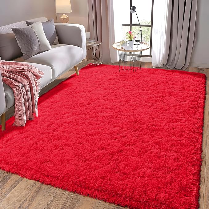 Soft Shag Rugs for Bedroom, Fluffy Washable 4x6 Red | Upgrade Non-slip, 4 x 6 Shaggy Rugs for Living Room Christmas, High Pile Fuzzy Plush Carpet Kids Room Dorm, Flame Resistant