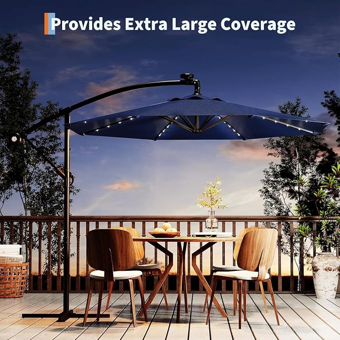 Garvee 10FT Solar Lights Offset Patio Umbrella with Cross Base, Cantilever Umbrella with Easy Lift & Tilt Adjustment, 8 Ribs Sun umbrella UV Protection for Backyard, Pool, Garden, Navy Blue