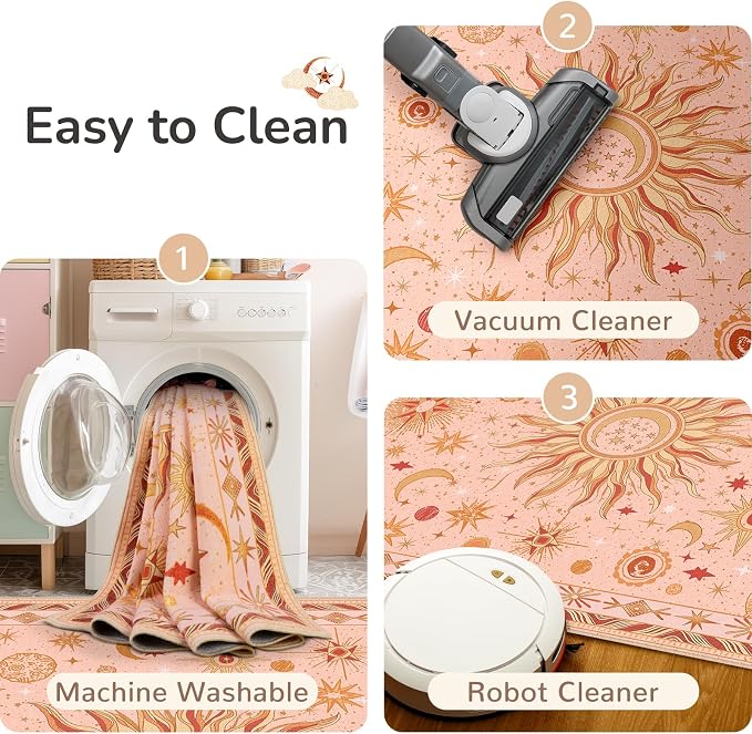 Vacuum-Friendly, 2x10 Washable Area Rug, Pink Gold Beige Red | Sun and Moon Boho Gothic Non-Slip Low Pile Living Roon Bedroom Dining Room Kitchen Entry Entryway Entrance Hallway Doormat