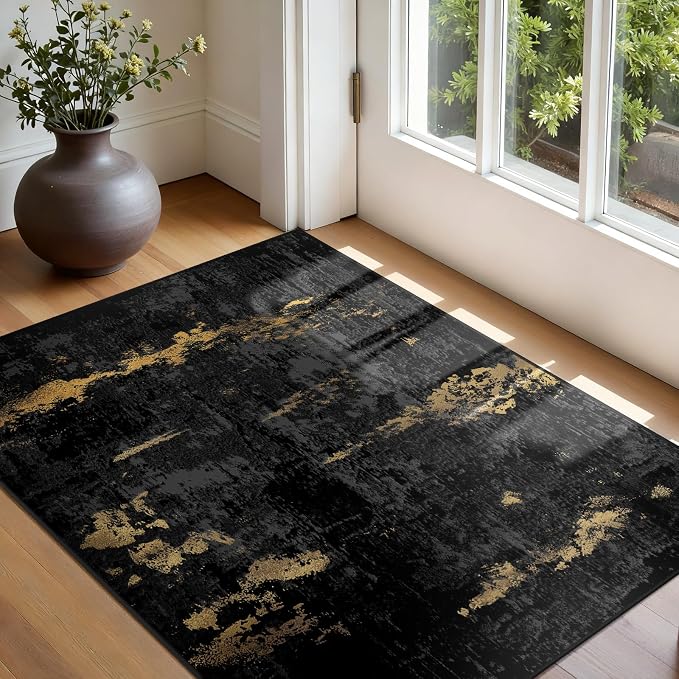 RELEANY Washable 3'x5' Abstract Area Rug for Living Room Black Gold | Carpet for Bedroom, Kitchen, Office, Hallway and Entryway, Printed Pattern, Non‑Slip, Soft, Stain‑Resistant, Easy to Clean