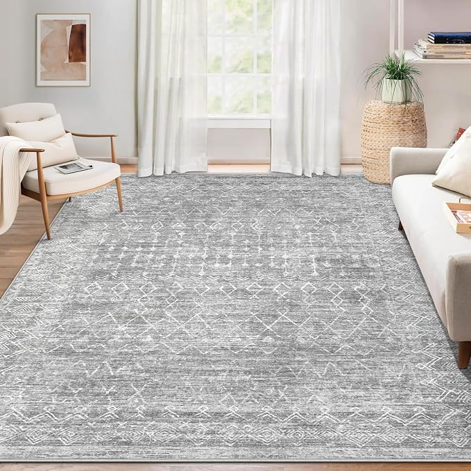 Area Rug for Living Room 6x9: Large Washable Boho Moroccan Rugs Geometric Neutral Rug, Non-Slip Foldable Morden Farmhouse Indoor Floor Carpet for Bedroom Dining Table Home (Moroccan Grey, 6'x9')