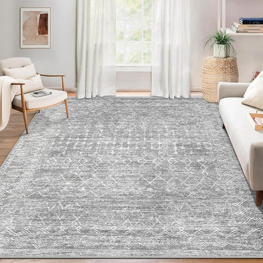 Area Rug for Living Room 6x9: Large Washable Boho Moroccan Rugs Geometric Neutral Rug, Non-Slip Foldable Morden Farmhouse Indoor Floor Carpet for Bedroom Dining Table Home (Moroccan Grey, 6'x9')