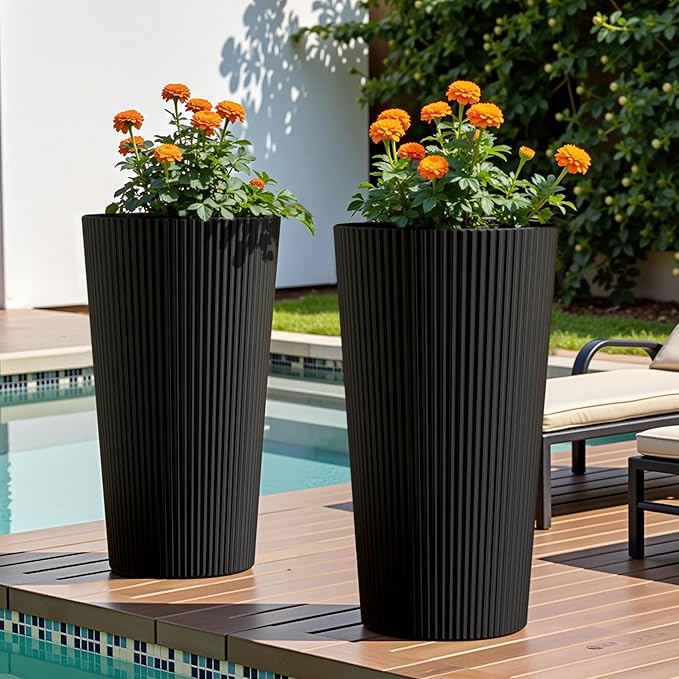 23.6" H Tall Planters for Outdoor Plants Set of 2 - Fluted Large Outdoor Planters for Front Porch Decor with Drainage Hole, Plastic Round Conical Flower Pots Fits Indoor Plants Patio, Black
