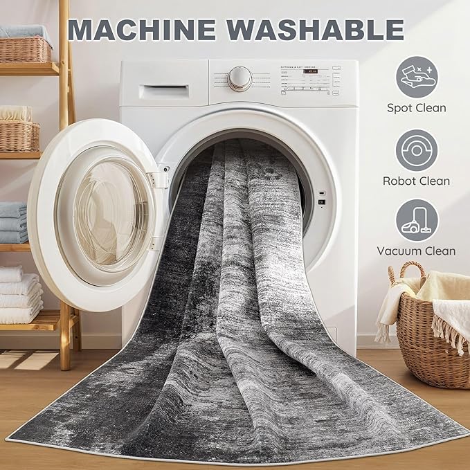 DMOYEST 6x9 Area Rug for Living Room Washable Abstract Indoor Carpet | Neutral Modern Low Pile Rugs Kid & Pet Friendly Soft Thin Carpet for Bedroom Dining Room and Office - Dark Grey