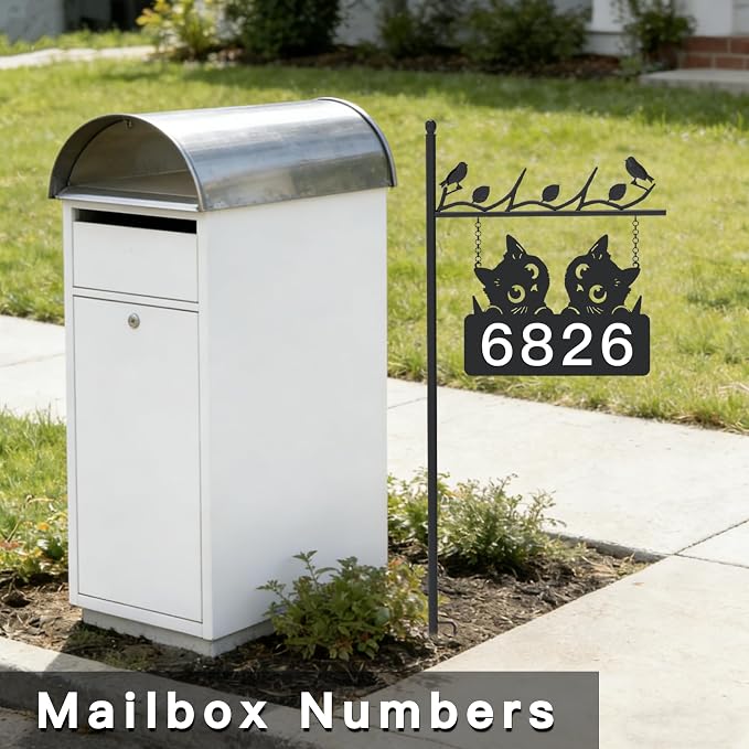 Metal Address Sign for Houses, House Numbers for Outside, Double-Sided Reflective Home Address Sign For Yard, Mailbox Decor Numbers, Address Plaques for High Visibility (Black Cat)