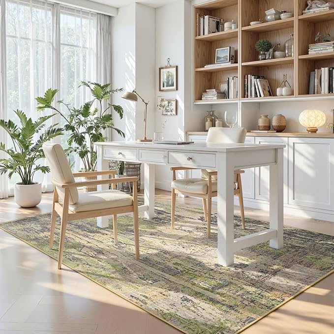 Toneed 4x6 Washable Non Slip Abstract Area Rugs for Bedroom Living Room | Soft Modern Low Pile Rug for Kitchen Hallway Office,Indoor Carpet for Kids Nursery Home Decor, Green