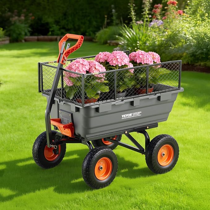 VEVOR 10 Cu.Ft 1200LBS Poly Garden Cart Dump Wagon, Heavy Duty Wheelbarrow with Convertible Handle and 13" Flat Free Tires, Outdoor Yard Wagon ATV Trailer Dump Cart Tow Behind for Lawn Mower Tractor