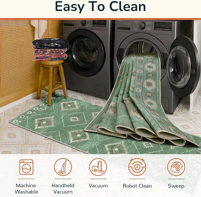 5'x7' Washable Area Rug for Living Room Bedroom Sage Green | Soft Western No Slip Low Pile Print Foldable Indoor for Kitchen Dining Room