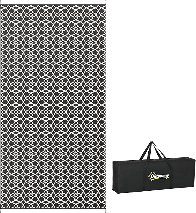 Outsunny Outdoor Rug for Patio, 9' x 18' Waterproof Large Mat, Reversible Plastic Straw Rug for Decor, Portable Outside RV Camping Area Carpet Mat for Backyard Porch Deck Picnic, Black & White Clover