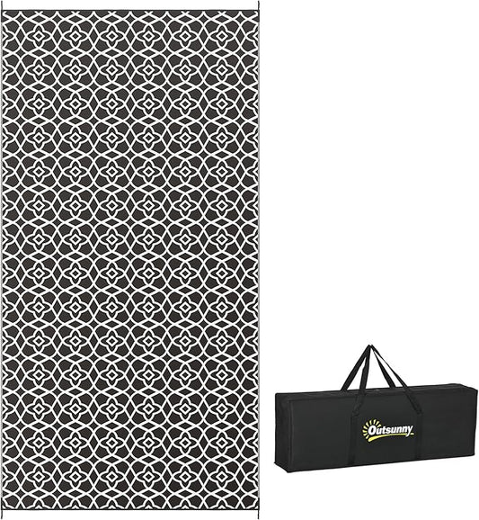 Outsunny Outdoor Rug for Patio, 9' x 18' Waterproof Large Mat, Reversible Plastic Straw Rug for Decor, Portable Outside RV Camping Area Carpet Mat for Backyard Porch Deck Picnic, Black & White Clover