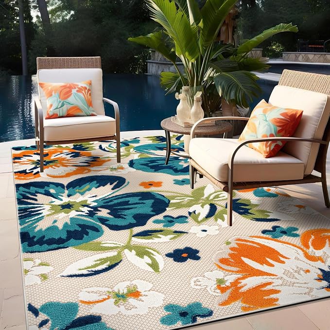 Rugshop Multi Bergamo Floral Indoor/Outdoor Area Rug Machine Washable for Patio, Balcony and Entry, 4' x 6'