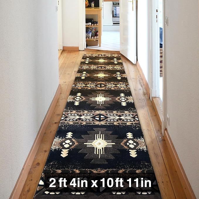 YHSF Southwest Native American Area Rug – Thick, Soft, Durable & Easy to Maintenance Tribal Design Boho Rug– Ideal for Bedroom, Living Room & Hallway - Black, 2 Feet 4 Inches x 10 Feet 11 Inches