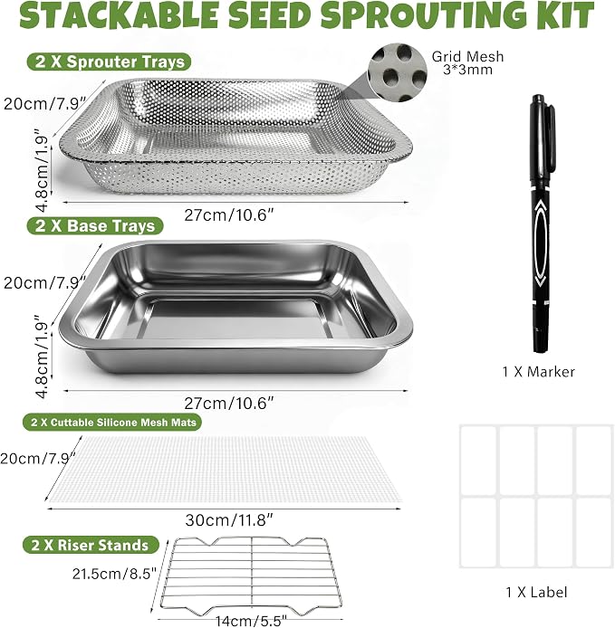 2 Pack Stainless Steel Seed Sprouter Trays, 2-Tier Soil-Free Microgreens Growing Kit, Rust-Free Sprouting Tray with Mesh Pads for Sprouts Beans Alfalfa Wheatgrass (10.6" * 7.9" * 1.9")