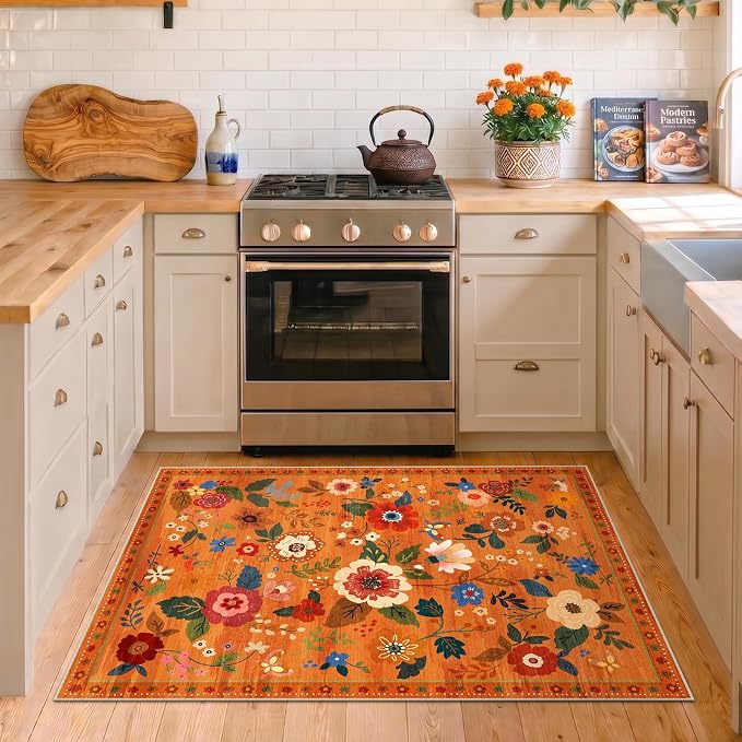 RELEANY Floral Washable 3x5 Area Rugs BurntOrange | Flower Carpet, Print, Boho, Non-Slip, Easy to Clean, Soft, Low Pile for Living Room Bedroom Kitchen Office Entryway Hallway
