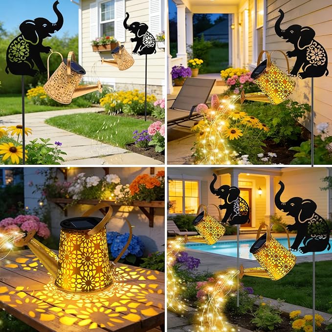 Solar Watering Can Lights, Elephant Hanging Lantern Solar Lights Outdoor, Birthday Gifts for Mom Women Mother's Day, Waterproof Garden Decor Outside Patio Yard Pathway Backyard, 2 Pack