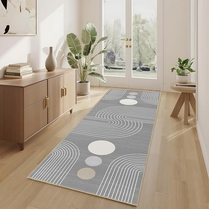 Boho Runner Rug 2x6 Modern Geometric Abstract Rug for Hallway Kitchen Bedroom Grey Mid Century Modern Runner Machine Washable Non-Slip Printed Low-Pile Long Floor Carpet for Bathroom Laundry Gray