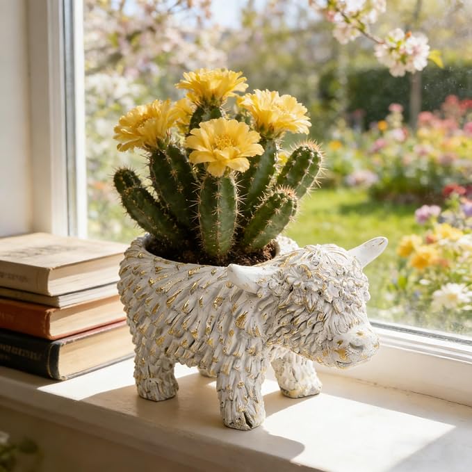 Rustic Highland Cow Planter - Vintage Distressed White Resin Planter Pot Indoor&Outdoor Flower Pots for Garden Home Decor, Succulent, Herbs