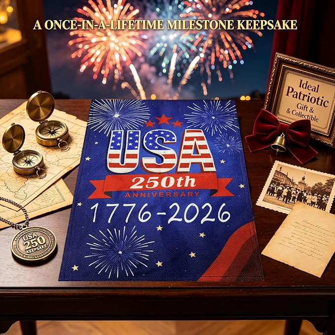 250 Anniversary USA Garden Flags-1776-2026 Double Side 12x18 Inch Patriotic 4th of July Decorations for Outside Flags with Lights- Solar LED Burlap US Flag for Memorial Day Decorations