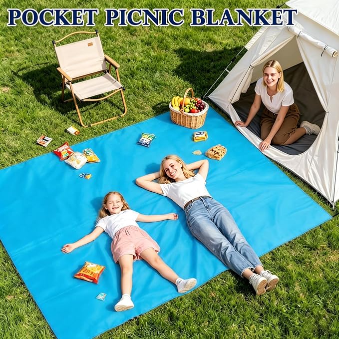 Fammart Pocket Picnic Blanket Sandproof Waterproof, Portable Lightweight Camping Tarp, Quick Dry Foldable Compact Beach Mat with Corner Pockets & Stakes for Festivals Hiking Outdoor Essentials