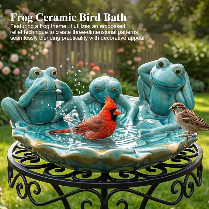 Topadorn Ceramic Bird Bath for Outside, 11.6" Frog Bird Bath with Unique Crackle Reactive Glaze, Decorative Garden Birdbath for Patio, Lawn & Backyard Decor