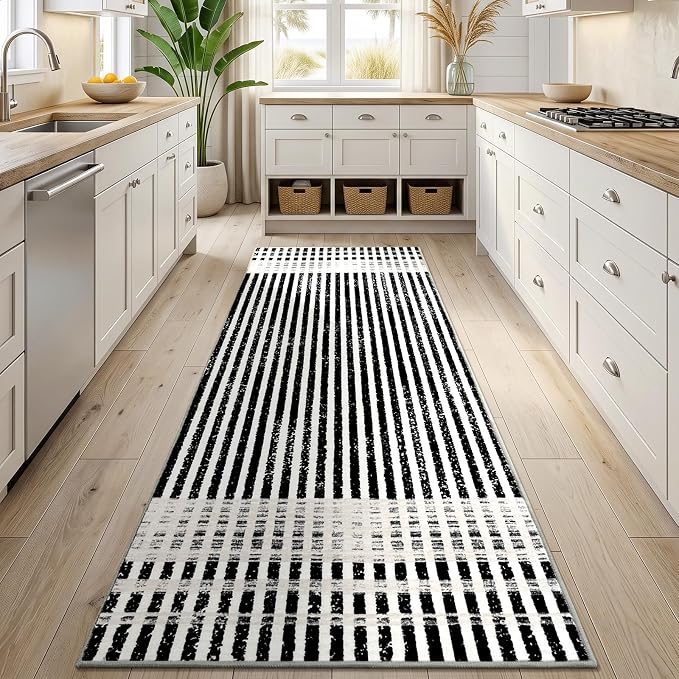 Washable 2x6 Modern Striped Area Rug, Abstract Runner for Hallway,Kitchen | Black Beige, Soft Low Pile, Skin Friendly, Non-Slip for High Traffic, Laundry Vintage Braided Paid Style Home Decor