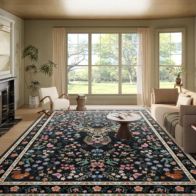 Area Rug Vintage Floral Deer Pattern 9x12 - Bohemian Forest Animal Carpet with Squirrel & Butterfly, Soft Decorative Area Rug for Living Room Bedroom Home Decor