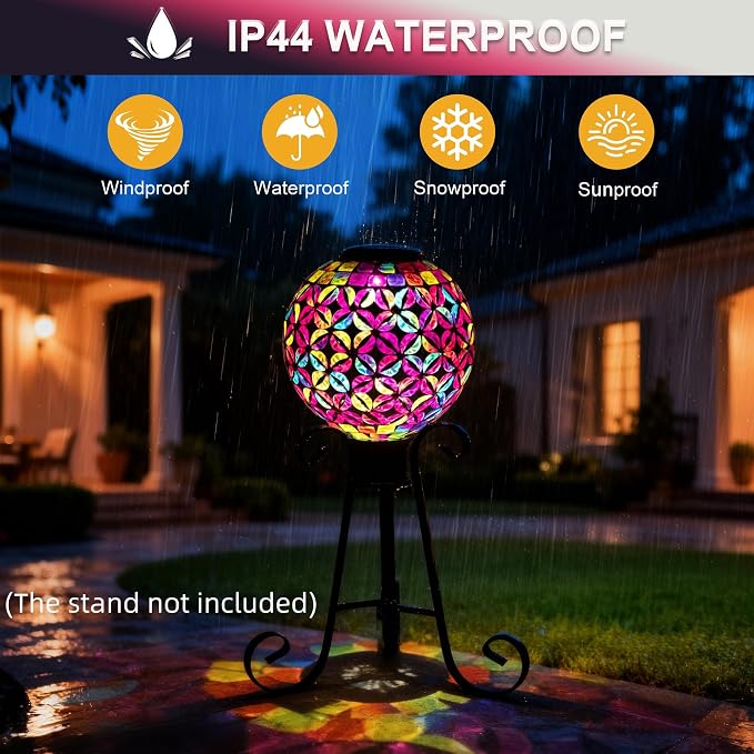 VOREEN 8” Solar Mosaic Garden Ball, Colorful Glass Outdoor Globe with Solar Light, IP44 Waterproof Yard Decor Sphere for Patio Lawn Pathway, All-Weather, Auto On/Off