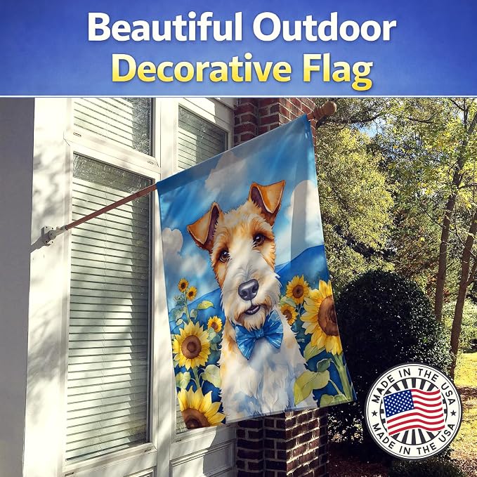 Caroline's Treasures DAC6079CHF Fox Terrier in Sunflowers House Flag Large Porch Sleeve Pole Decorative Outside Yard Banner Artwork Wall Hanging, Polyester, House Size, Multicolor
