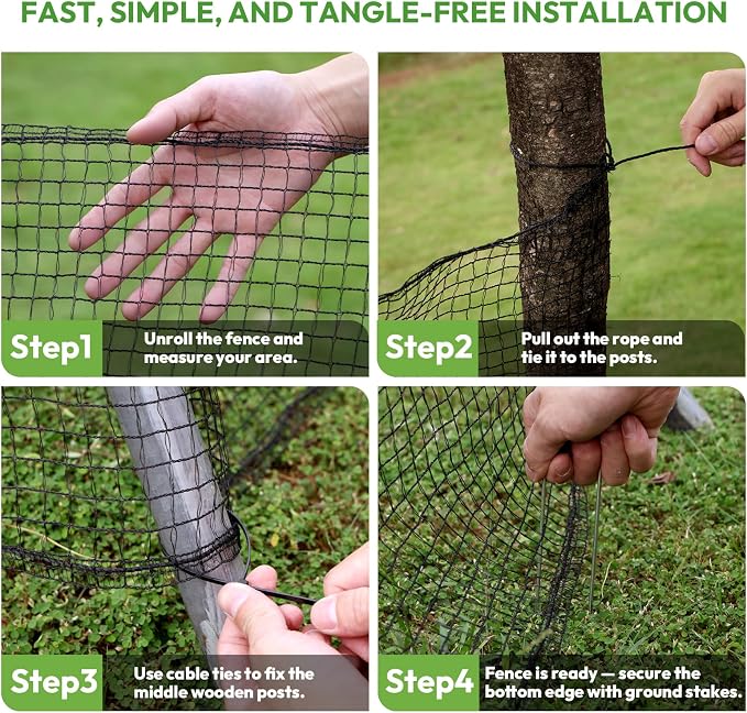 Deer Fence Netting 4ft x 75ft, Heavy Duty Plastic Mesh Deer Netting with Pre-Strung Reinforced Edge, Reusable Temporary Garden Fence, Animal Barrier for Yard, Poultry & Pets, Protect Plants & Crops