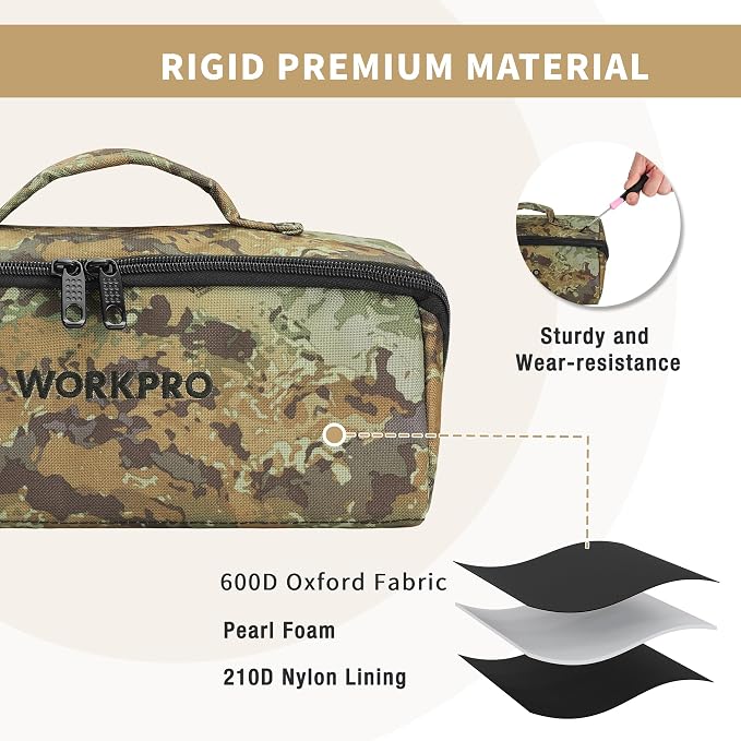 WORKPRO Tool Bag with Zipper, 10" Utility Wide Mouth Heavy Duty Tool Storage Bag, Multipurpose Zipper Tool Pouch Tote Bag for Organizer 3-pack, Camo