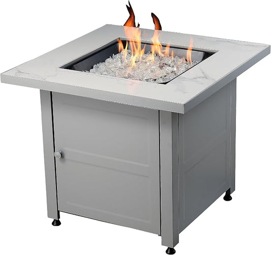 Endless Summer 30" Square Outdoor Propane Fire Pit Table with Marble Mantel | Includes White Fire Glass and Protective Cover