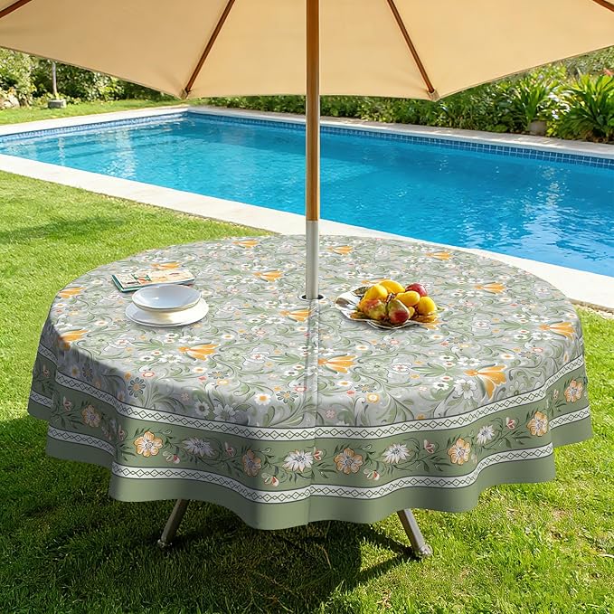 Green Print Outdoor Tablecloth with Umbrella Hole 60" x 60" Waterproof Zipper Table Cloth for Patio Table - Ideal Tablecloths for Picnics, Camping, and Yard Use
