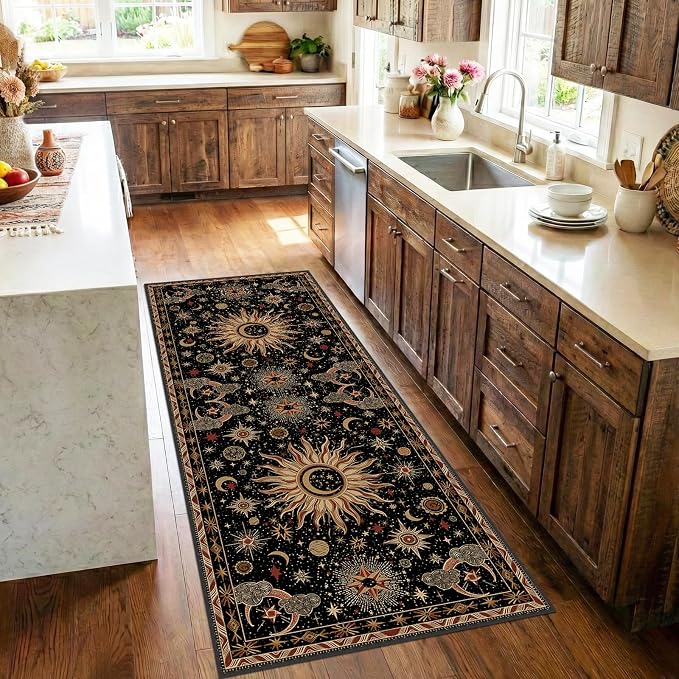 Vacuum-Friendly, 2x6 Washable Area Rug, Black Gold Beige Red | Sun and Moon Boho Gothic Non-Slip Low Pile Living Roon Bedroom Dining Room Kitchen Entry Entryway Entrance Hallway Doormat