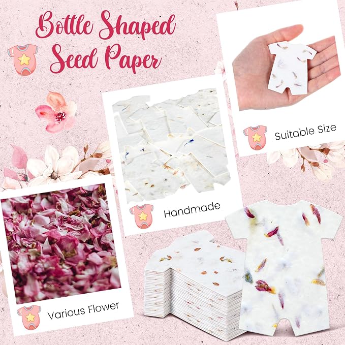 Dunzoom 50 Pcs Handmade Seed Paper Plantable Wildflower Seed Paper Recycled Flower Petals Tags Wedding Favors for Guests Craft Gifts Cards for Envelope Birthday Party, 5 Styles (Bodysuit)
