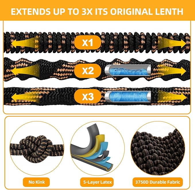 50 ft Expandable Garden Hose, Lightweight Expanding Water Hose with 10 Function Nozzle, 3/4" Solid Brass Fittings, 5-Layer Latex Core, No-Kink Flexible Retractable Hose for Patio, RV, Car Washing