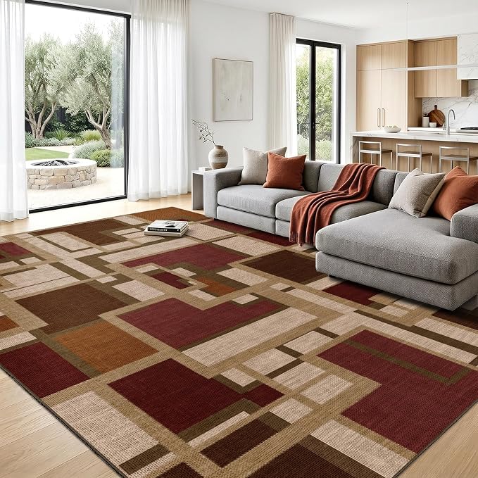 Modern Geometric 8x10 Area Rugs for Living Room, Red Brown Washable Rug | Contemporary Patchwork Blocks Non-Slip Indoor Carpet for Bedroom Dining Room Office | Abstract Soft Low-Pile Large Rug